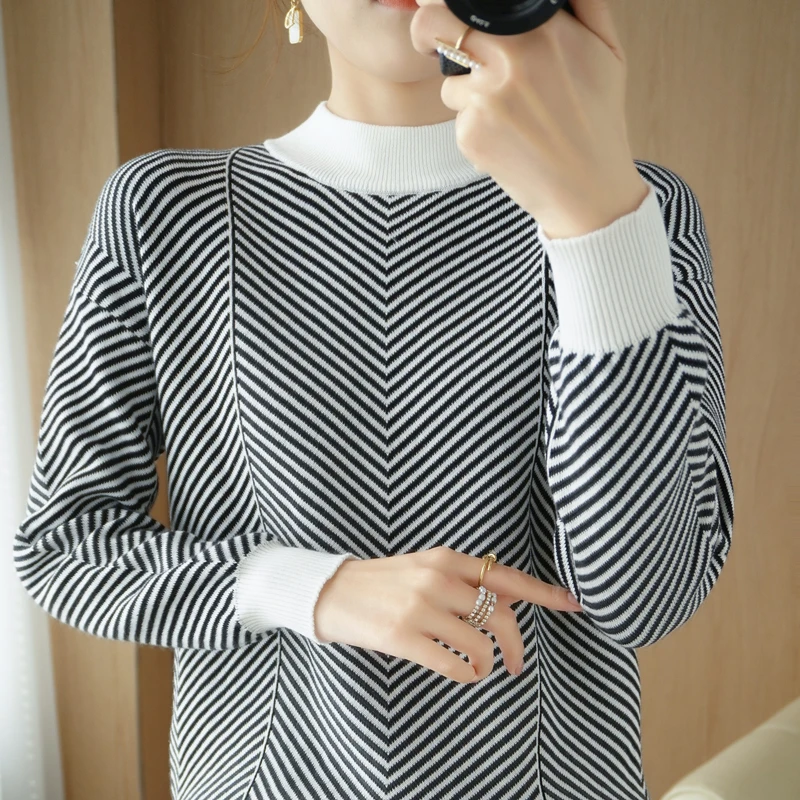 Pure Cotton Sweater Women\'s Spring Autumn New Half High neck Knitted Pullover Loose and Thin Fashion Striped Color Matching Top