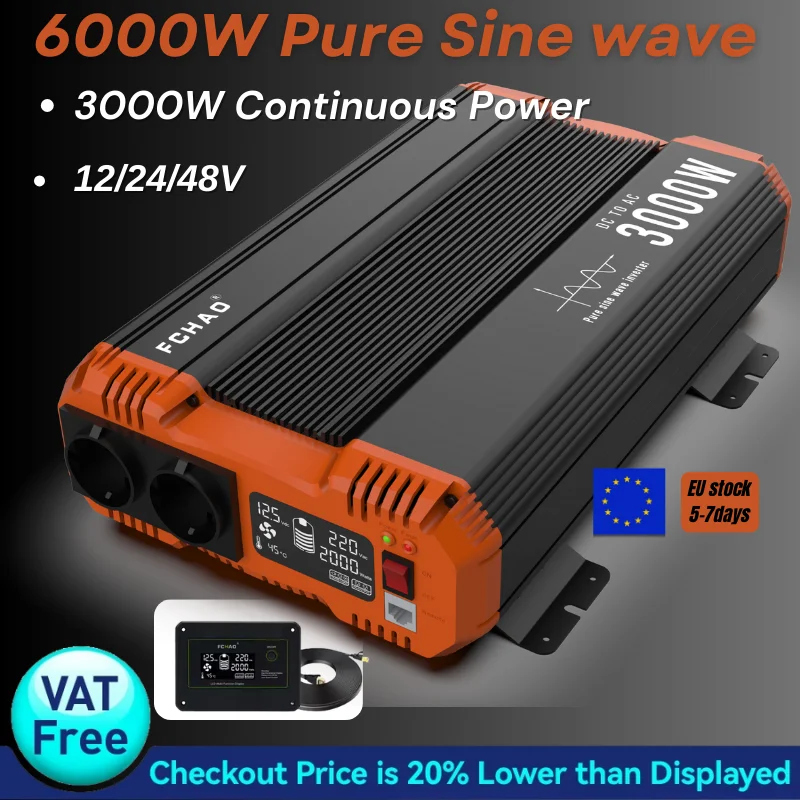 

Pure Sine Wave Inverter 6000W, 12V DC to 220V/230V AC, 50Hz, 3000W Continuous Power, EU Socket, Remote Controller, for Home and