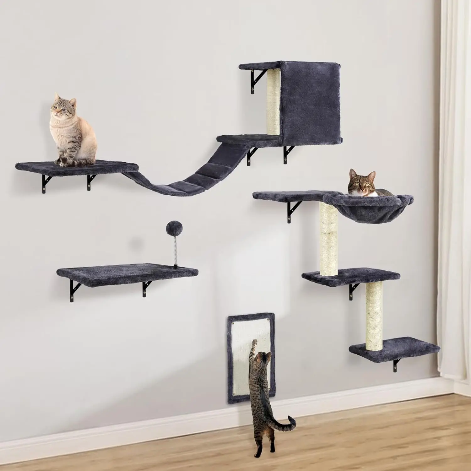

Cat Wall Shelves, Multi-Level Cat Climbing Furniture, Space-Saving Wall-Mounted Cat Climber Set with Perches,Bridge,Hamm