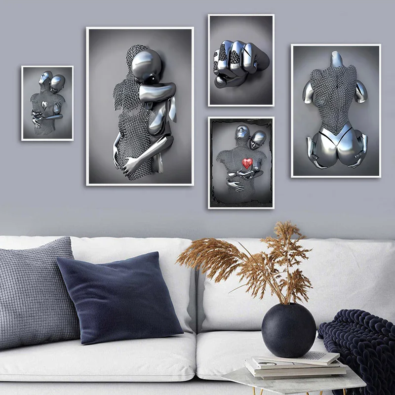 Figura de Metal, carteles de estatua, pareja romántica, escultura de amantes, cuadro sobre lienzo para pared, imágenes abstractas, decoración para el hogar y la sala de estar