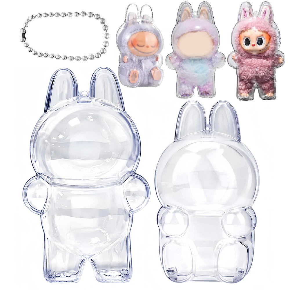 ل Labubu غطاء حماية شفاف V1/V2/V3/V4 علبة عرض أكريليك منظم عرض الغبار إكسسوارات دمي مع سلسلة المفاتيح