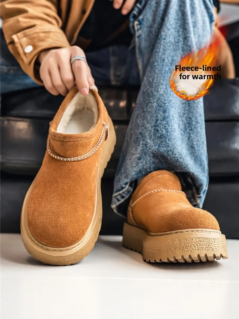 Men's Winter Thickened Fleece Lined Snow Boots Slip-On Bread Shoes Large Head Thick Heel Birkenshoes Leather Fur Integrated