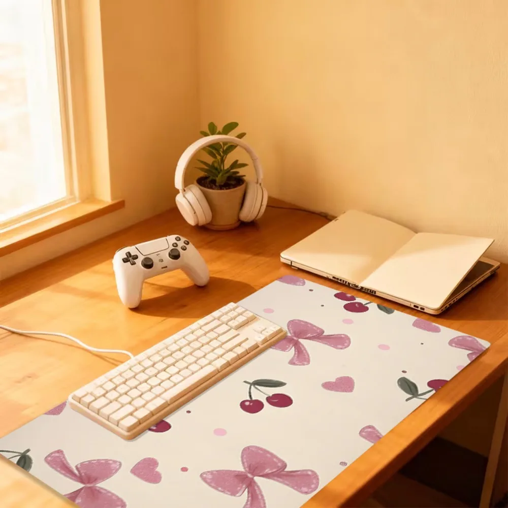 The charming mouse pad features cute cherry bows, hearts and polka dots in an aesthetic style podkladka pod myszke