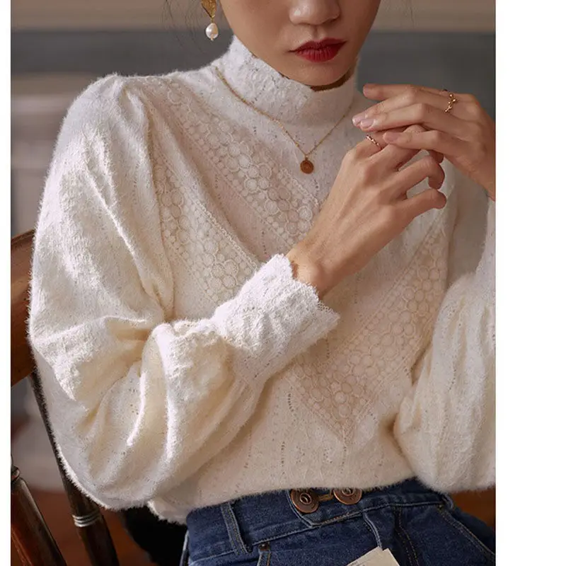 Elegant Half Turtleneck Lace Blouse Knitted Pullover Puff Sleeves Fashion Women Autumn Shirts Korean