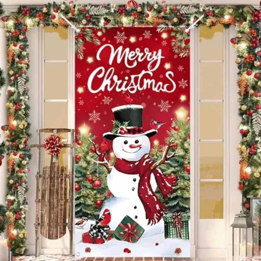 Santa Claus Pattern Christmas 2D Door Banner Perforated Strap Fastening Hanging Christmas Door Cover Rectangular Polyester