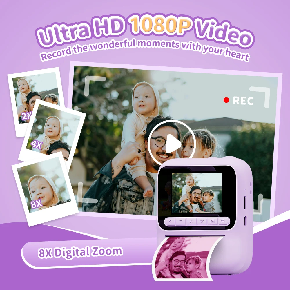 Appareil photo numérique instantané pour enfants, écran IPS de 2.4 pouces, Zoom 8X, Mini caméra imprimée couleur unique pour enfants de 3 à 12 ans, cadeaux d'anniversaire, nouvelle collection