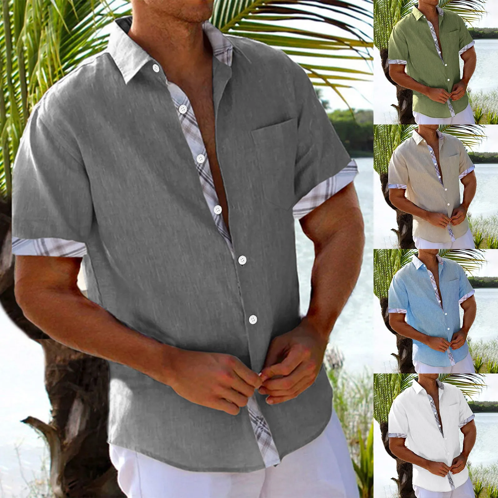 Kemeja Lengan Pendek Kasual Pria Atasan Warna Solid Kardigan Terbuka Kemeja Kancing Kerah Pakaian Jalanan Kemeja Liburan Antik Pria