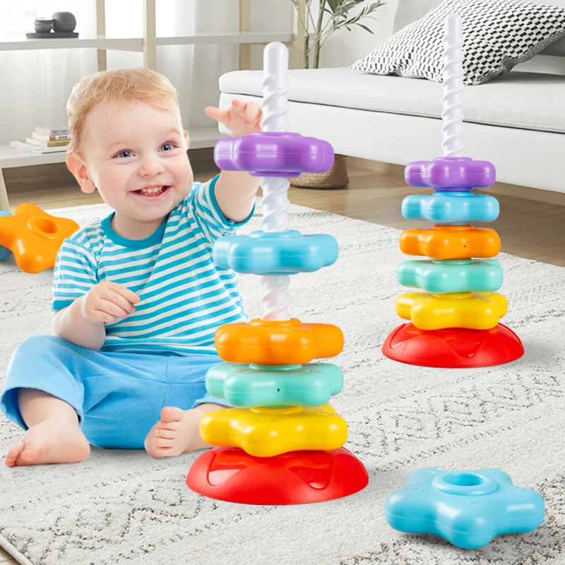 Montessori Rotating Rainbow Tower Baby Stacking Puzzle Toys Toddlers Motor Skill Develop Sensory Game Educational Spinning Toys