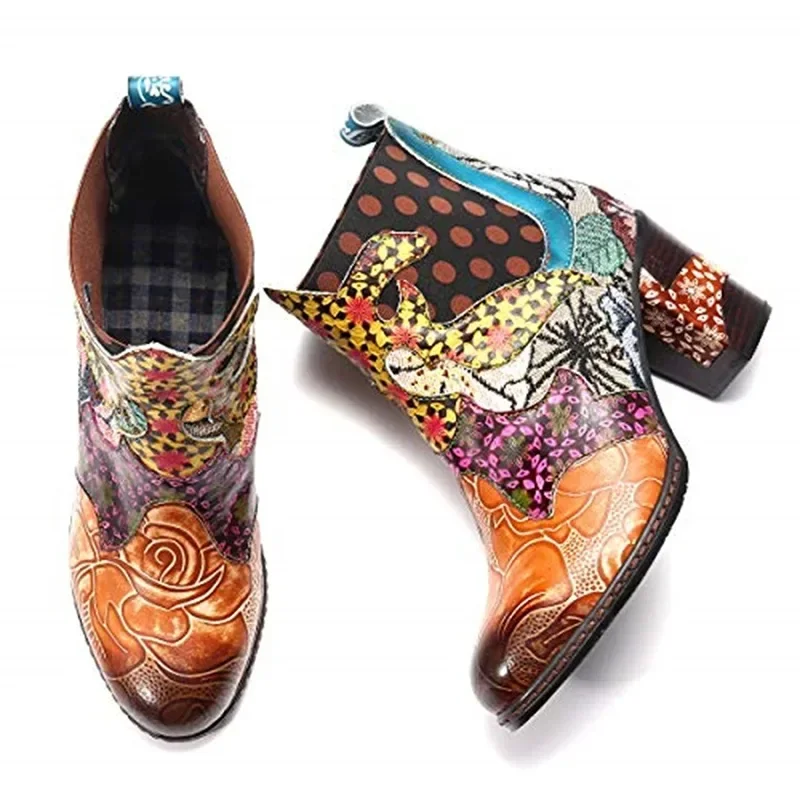 Vintage Splicing Printed Ankle Boots for Women Shoes Female PU Leather Retro Block High Heels Bohemian Ladies Winter Short Boots