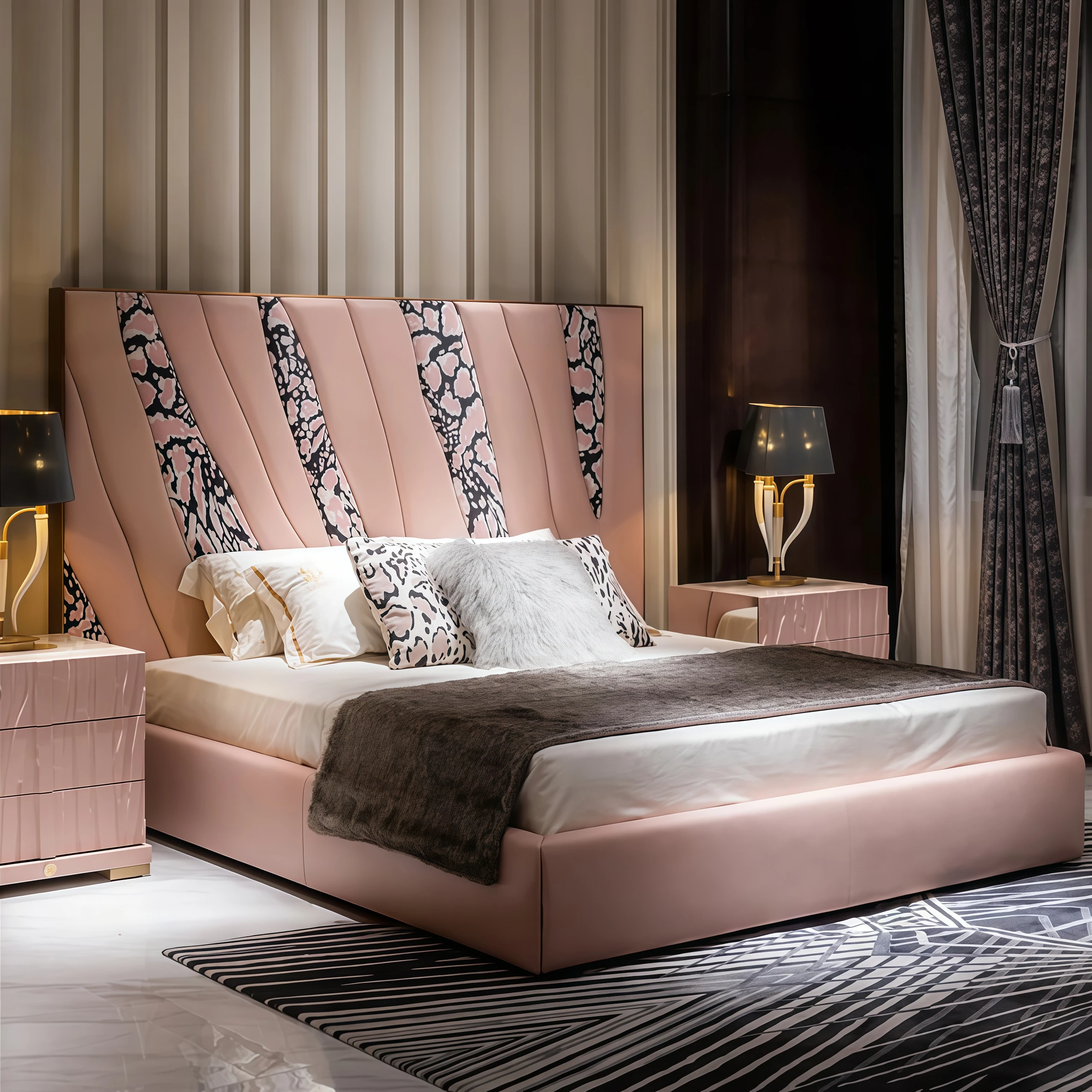 New Design Modern Luxury  Style Leopard Print Leather Upholstered Eco-Friendly Comfortable Queen Bed High-end Villa