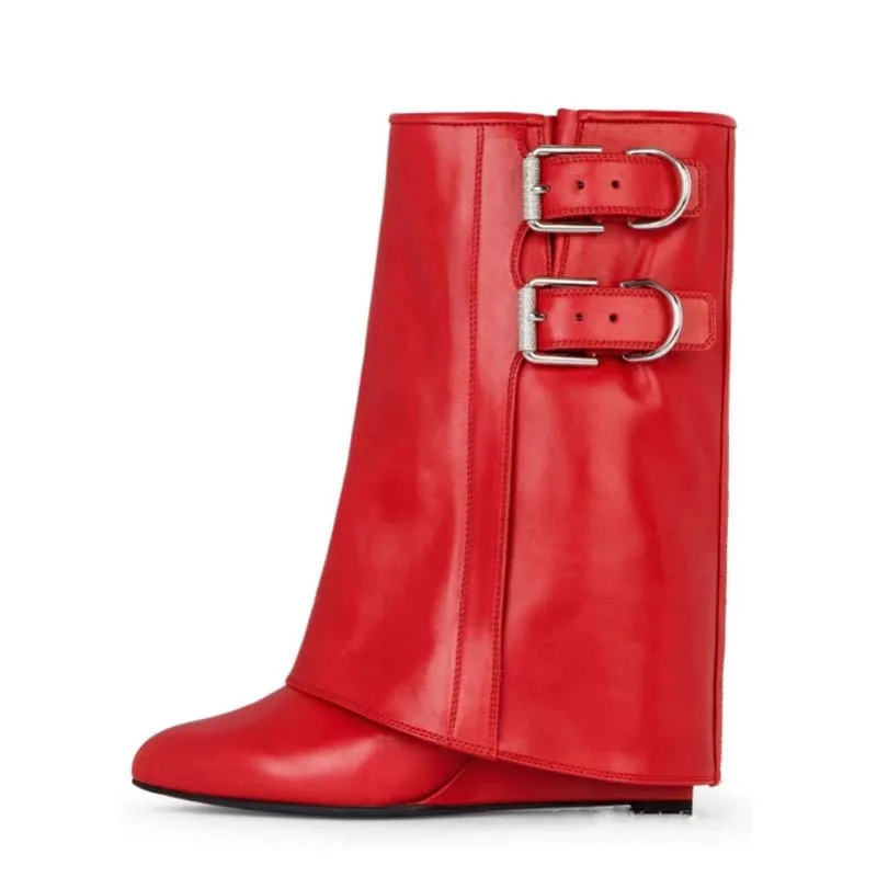 Black Belt Buckles Slip-On Wedge Trouser Boots Woman Winter 2024 Red Pointed Toe Mid-Calf Boots Fashion Luxury Shoes for Women