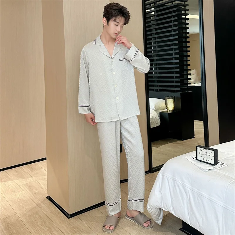 Spring Autumn Men\'s Ice Silk Pajamas Long Sleeve Lapel Cardigan Pants Plaid Jacquard Home Clothing Set Loose Oversized Sleepwear