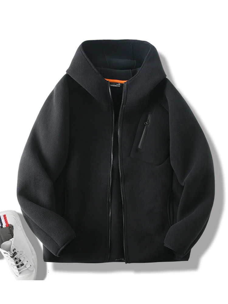 

Утепленная флисовая куртка с капюшоном для мужчин: весна-осень-зима, модная повседневная верхняя одежда, однотонная, универсальная, теплая, на молнии