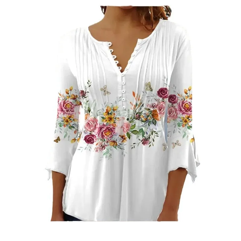 Summer Women's V-Neck Button T-Shirt Street New Fashion Loose Seven-Point Sleeve Shirt 3D Printed Casual V-Neck T-Shirt Top
