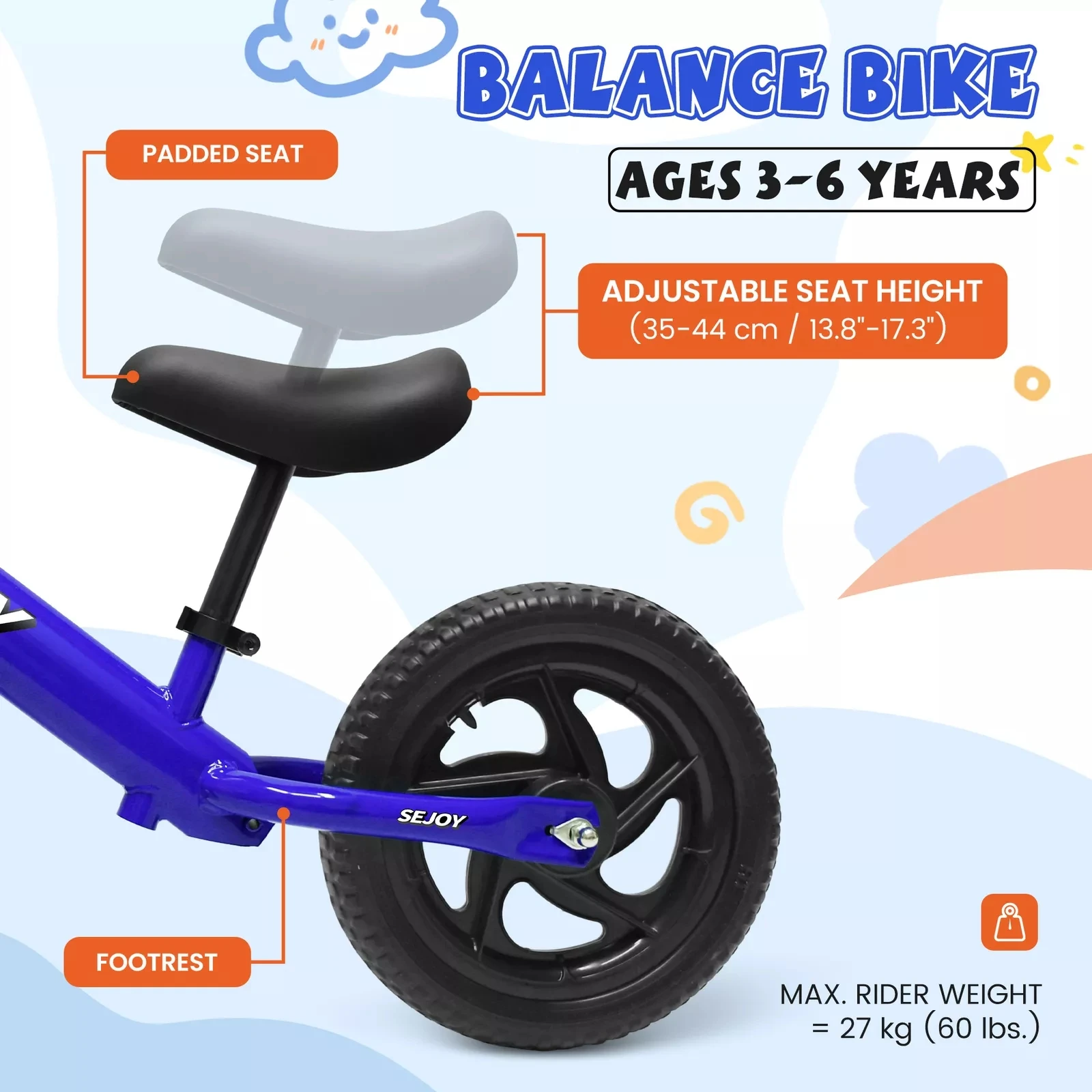 SEJOY 12" Sport Bike For Children No Pedal Balance Bicycle 2-6 Years Kids Toddler Training