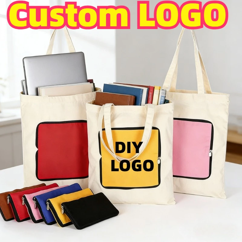 Custom Printed Logo Portable Eco-friendly Shopping Bag Color-blocked Zipper Design Cotton Tote Shoulder Canvas Bags for Women