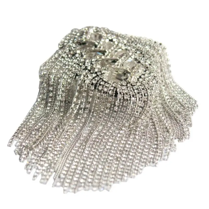 Women Men Silver Punk Fringe Shoulder Board Badge Vintage Glitter for Rhinestone Tassels Chain Epaulet Uniform Accessori