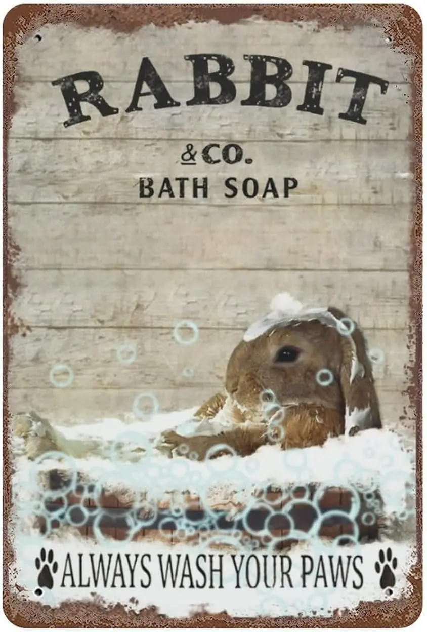 

Vintage Iron Hanging Plate Rabbit Bath Soap Metal Tin Sign Wash Your Paws Retro Funny Decor Bathroom Bathtub Lovers Gift