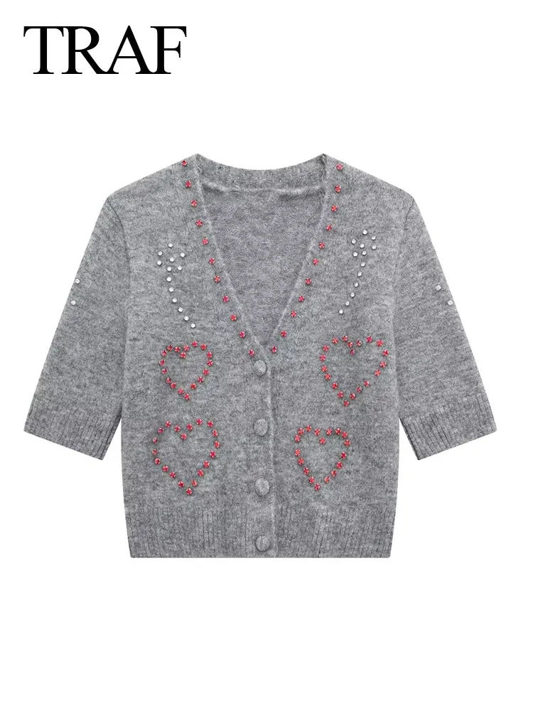 TRAF 2024 Spring Women\'s Solid Gray Sweater Causal Cropped Short Sleeve V-Neck Heart Jewelry Inlaid Knitted Cardigan Elegant Top