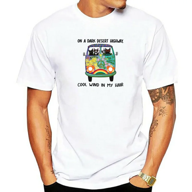 On A Dark Desert Highway Cool Wind In My Hair Hippie Bus Black Cats T-Shirt