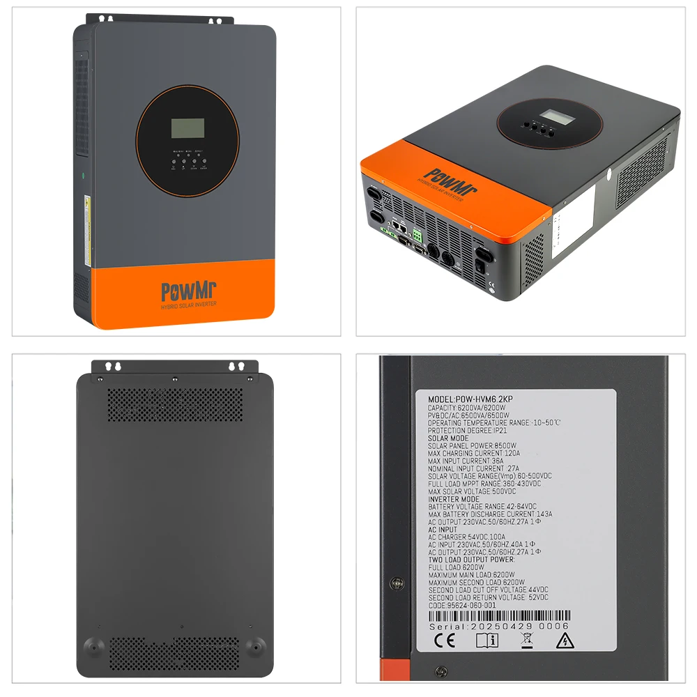 PowMr 6.2KW عاكس شمسي هجين 48 فولت إلى 220 فولت 380 فولت موجة جيبية نقية مدمجة في 120A جهاز تحكم يعمل بالطاقة الشمسية PV 500VDC يمكن موازي 12 وحدة