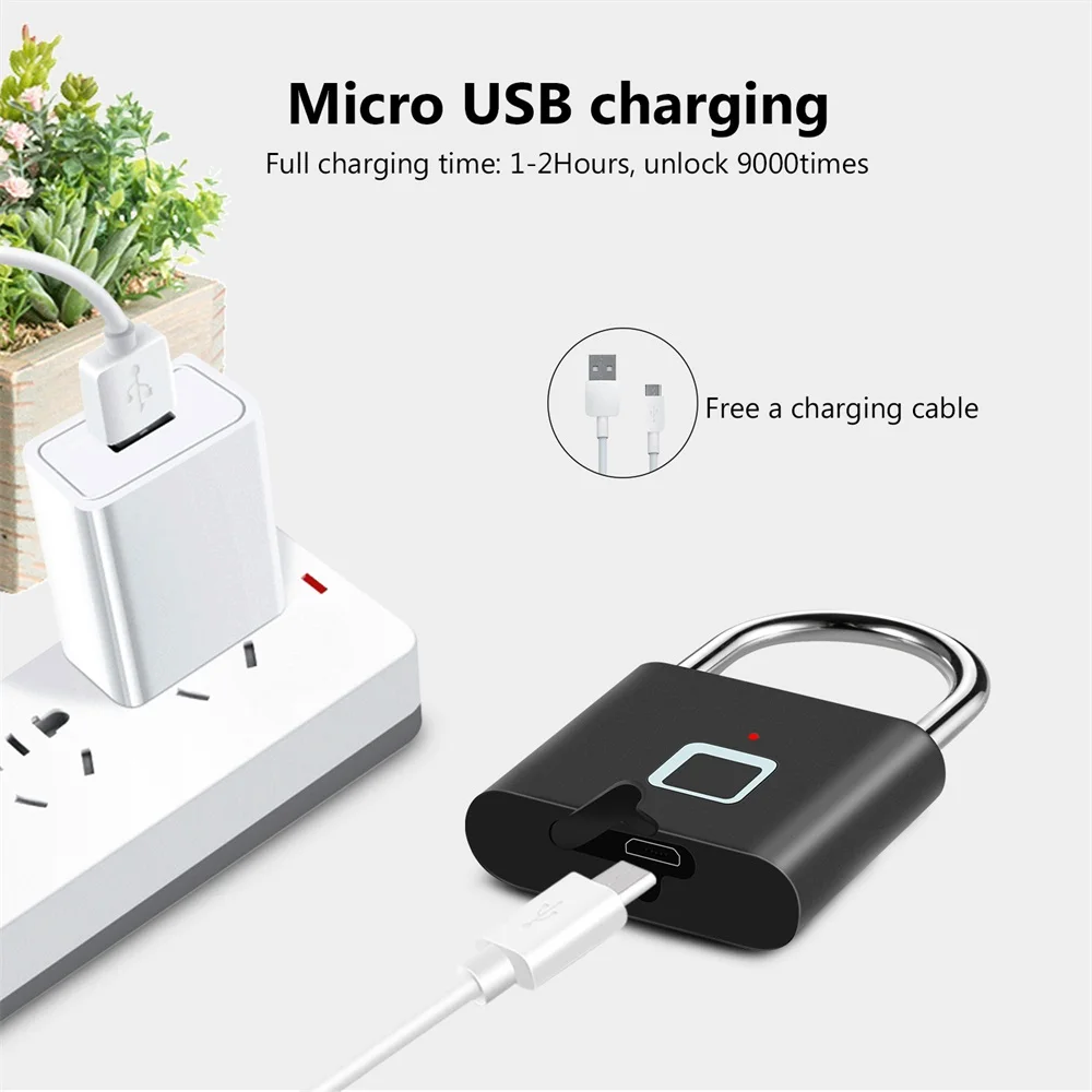 Sleutelloze Usb Opladen Vingerafdruk Slot Smart Hangslot Waterdicht Deurslot 0.2sec Ontgrendelen Draagbare Anti-Diefstal Hangslot Zink