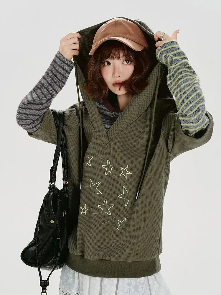 

Japanese Vintage Striped Hoodies Women Harajuku Loose Casual Lace Up Sweatshirts Fake Two Piece Patchwork Print Baggy Pullovers