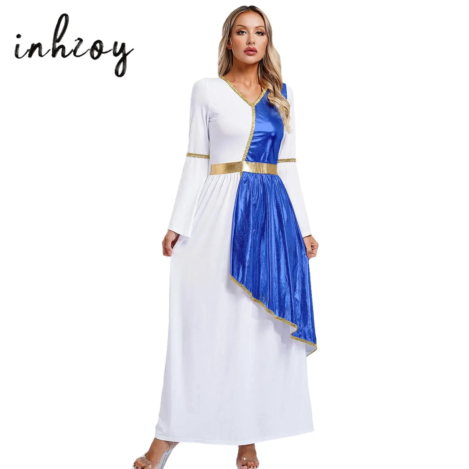 

Women's Roman Greek Beauty Toga Dress Robe V Neck Flare Sleeve Metallic Shiny Overlay Gold Trim Dress Halloween Cosplay Costume