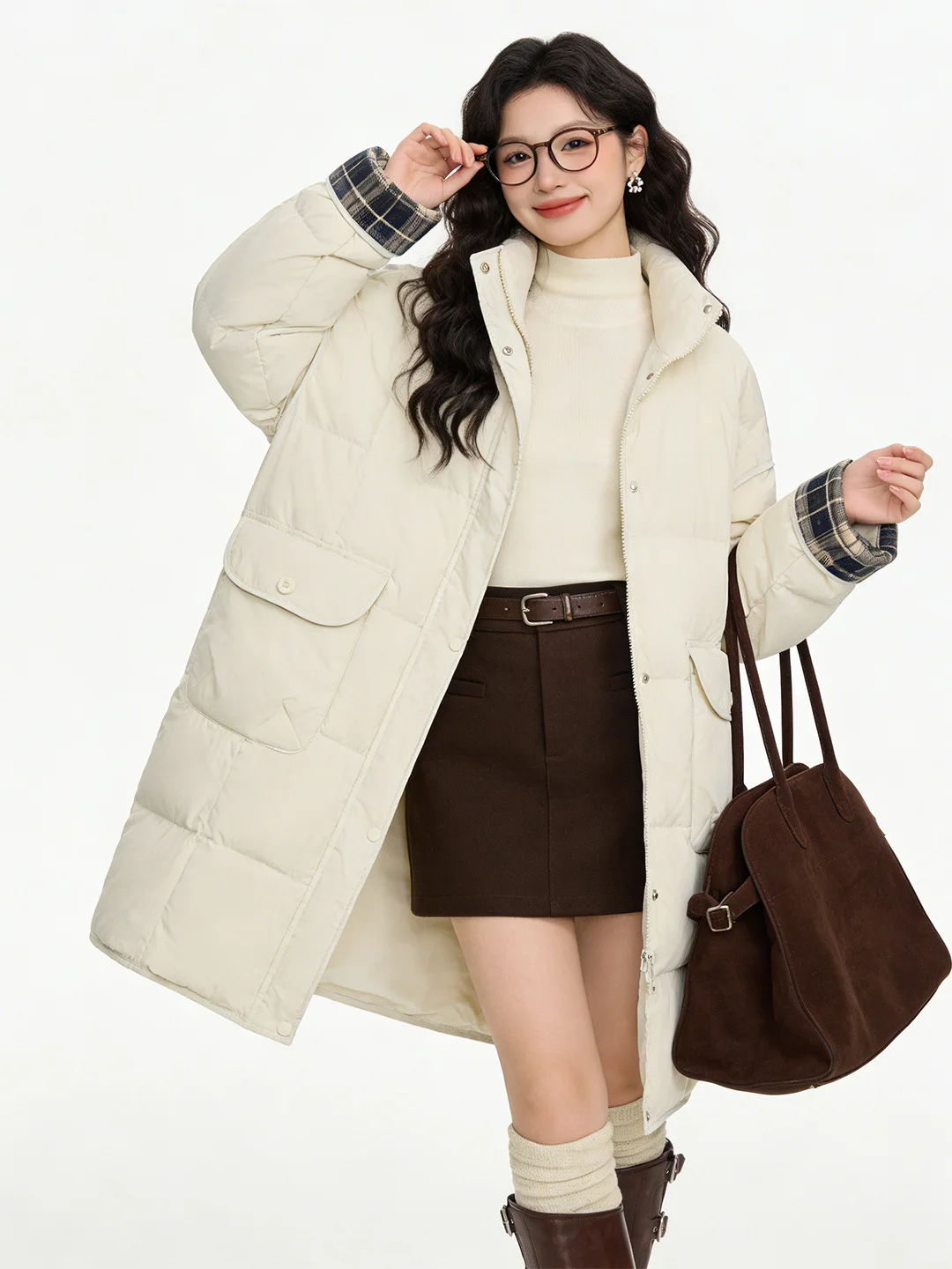 

Korean Sle Retro Warm Mid-Length Stand Collar down Jaet Thi Outerwear Winter Casual Versatile Plaid Color Blo Elegance