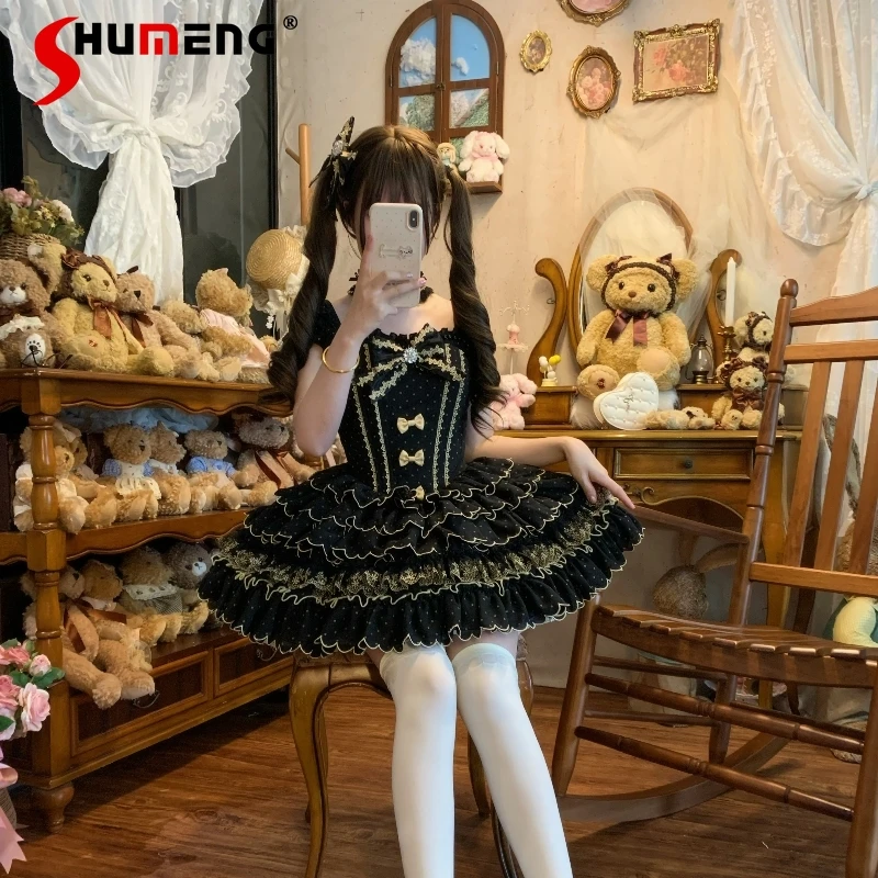 

Sweet Elegant Ballet Style Princess Birthday Party Dress Lace Spliced Square Neck Backless Bow Dot Puffy Lolita Dress for Women