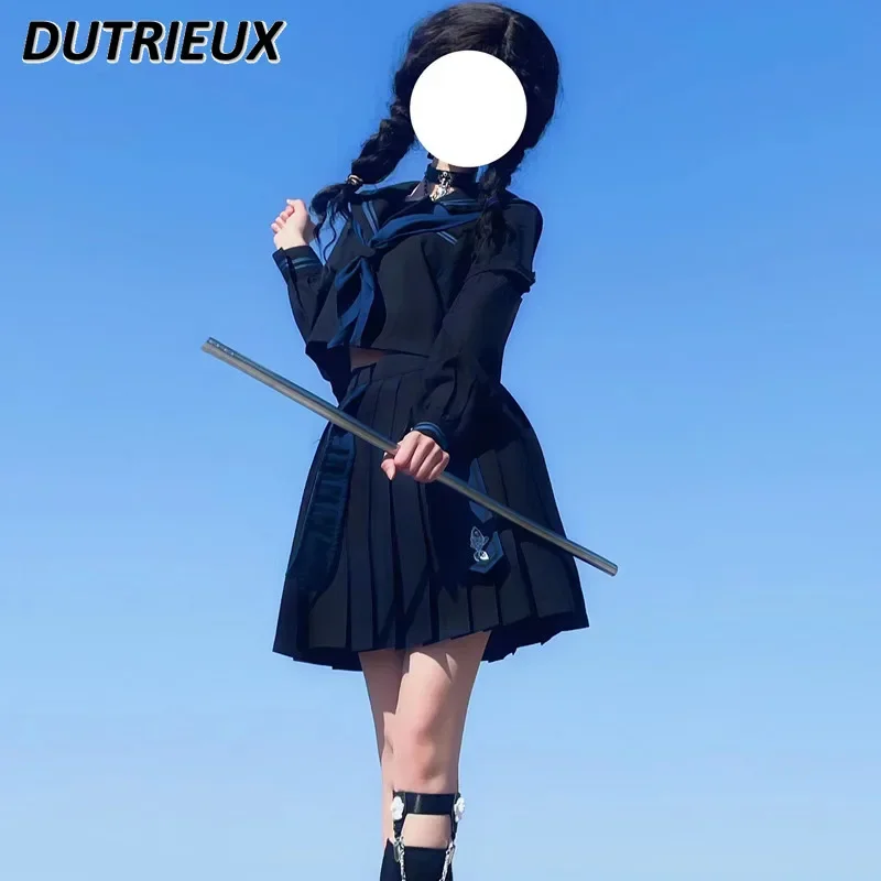 Original JK Uniform Suits Japanese Style Sailor Suit Short Top and Black Pleated Skirt Set Spring and Autumn New Outfits