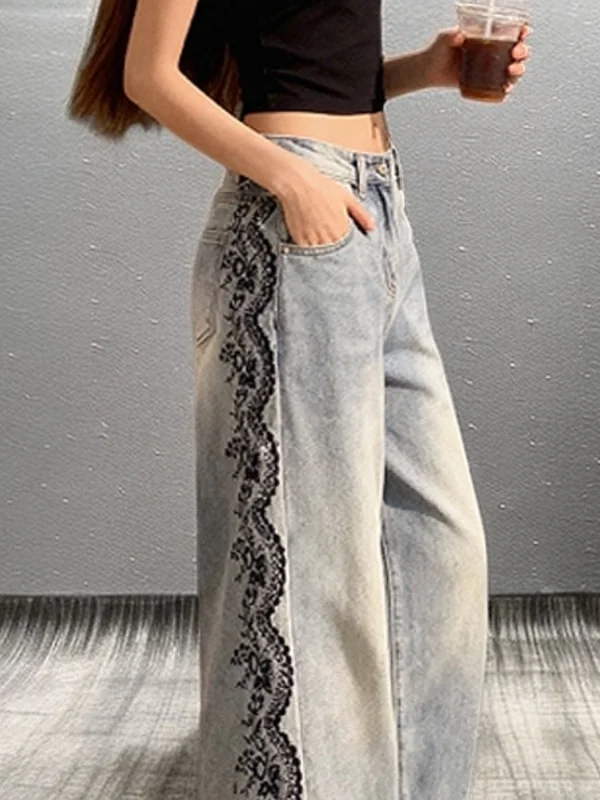 

Джинсы Ele с вышивкой, высокой талией, широкими штанинами, боковыми декоративными элементами из бисера, повседневные, с множеством карманов, свободного кроя, из синего денима