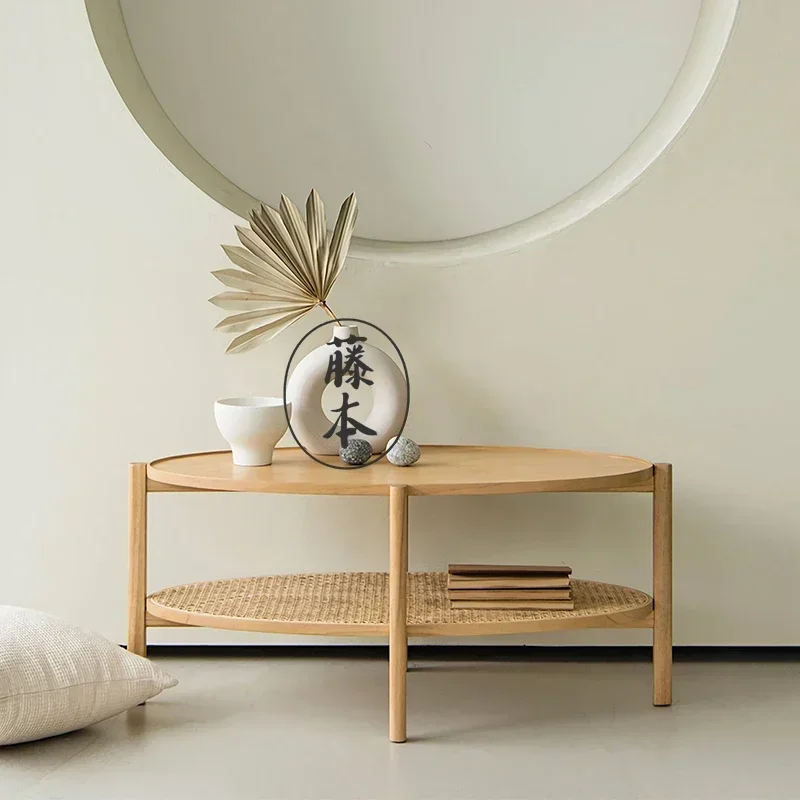 Japanese-Style Vintage Rattan Log Style Tea Table Combination