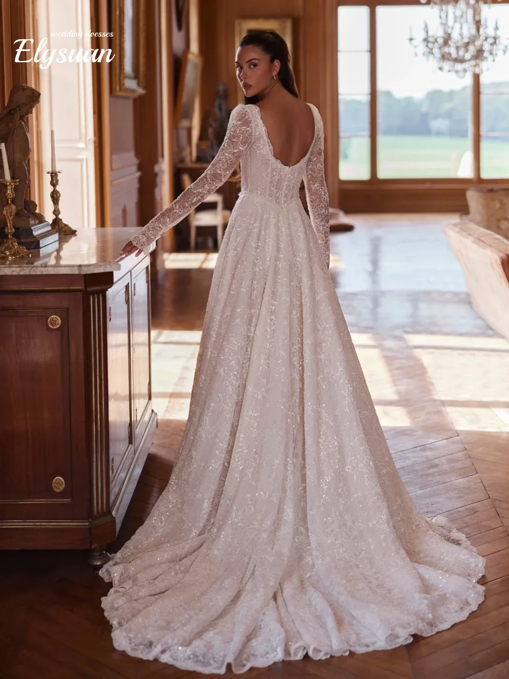 

Customized Exquisite Long Sleeve Beaded Lace A-line Wedding Dress Modest Bridal Gown Sweetheart Neck Dresses For Bride Vestidos