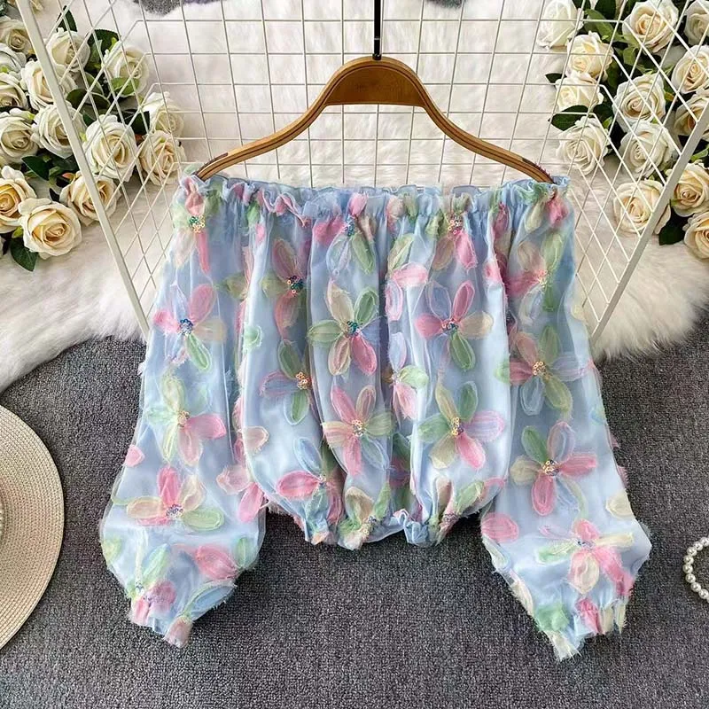 

Элегантная женская блузка без плеч из гренадина в европейско-американском стиле, повседневная одежда для отпуска, однотонный топ с длинным рукавом