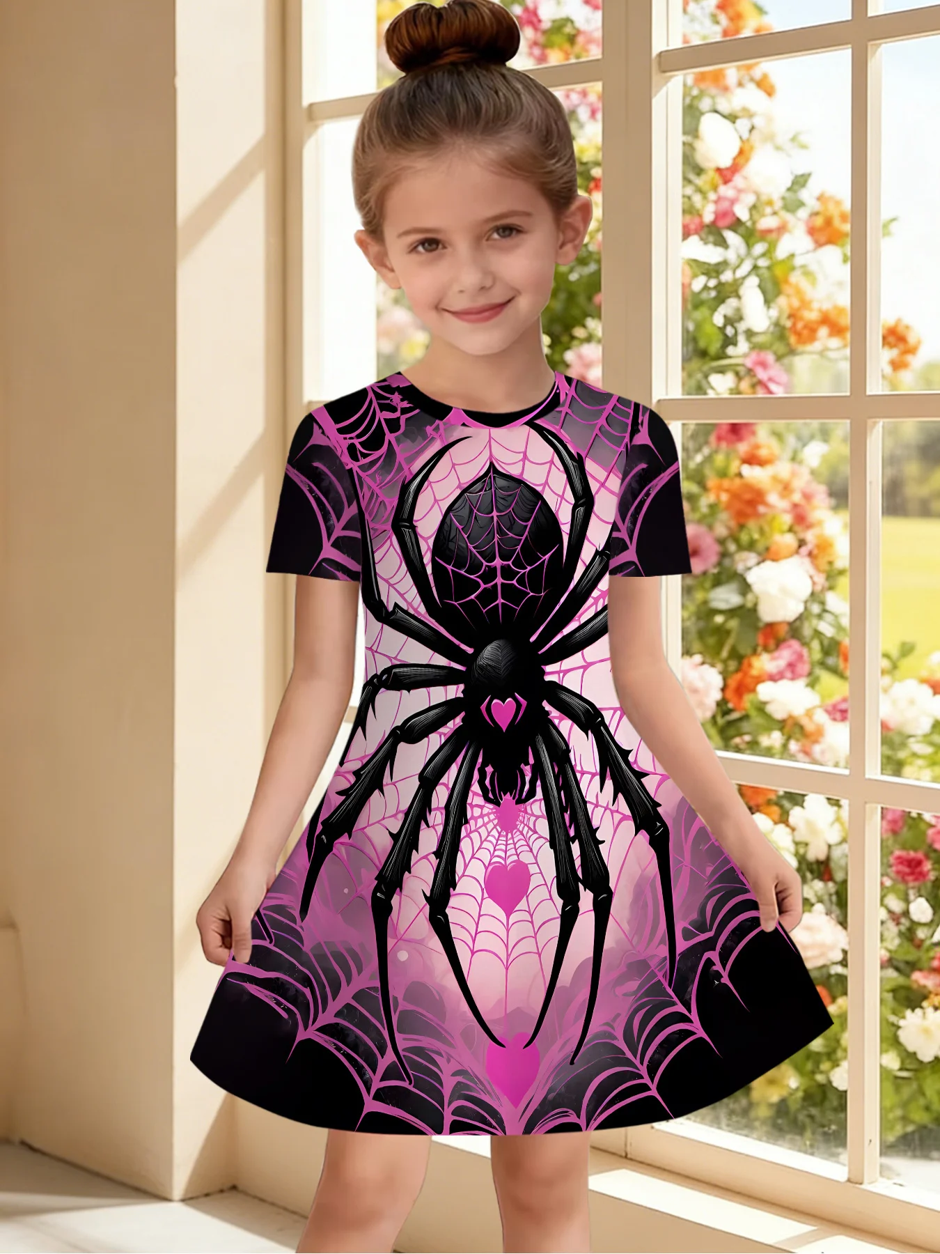 Girls Short Sleeve A-line Dress, Pink Black Spider & Cobweb Heart Print Swing Skirt, Kids Summer Halloween Casual Dress