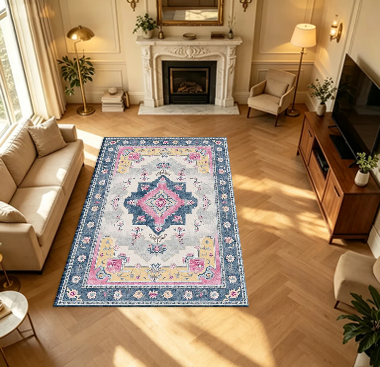 Vintage Bohemian Medallion Carpet Flooring Pink Yellow Blue Multi‑Border Household Living Space Indoor Large Decor Area Rug