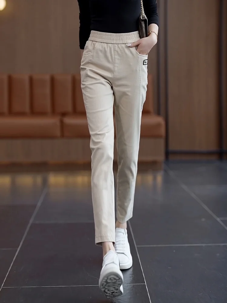 

High Waist Straight Leg Casual Loose Fit Thin Cotton Polyester Blend Summer Pants for Women Stylish Slimming Nine-Tenths Hare...