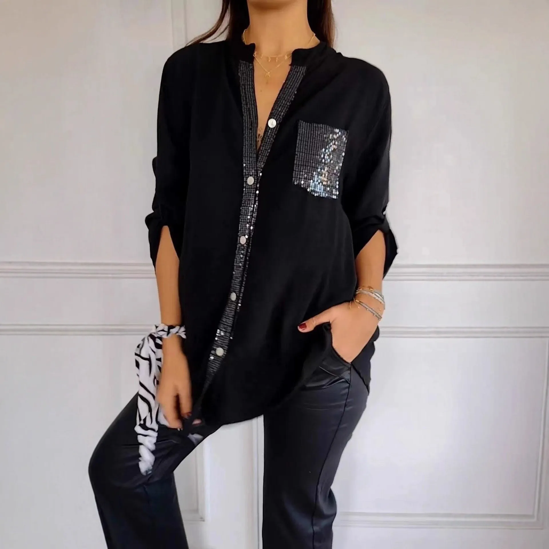 

V Neck Blouse Long Sleeve Oversized Fit Sequin Blouses Black Front Roll Sleeves Button Up Shirt Gray Sequined Placket Solid