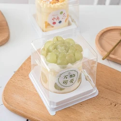 2inch 50Pcs/lot Mousse Puffs Cake Boxes with Fork Square Plastic Cupcake Box Dessert Wedding Party Packaging Box Supplies