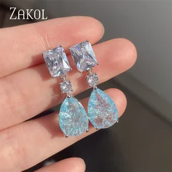 ZAKOL New Ice Crack Design Fashion Green Square Water Drop CZ Zircon Dangle Earrings for Women Wedding Party Jewelry