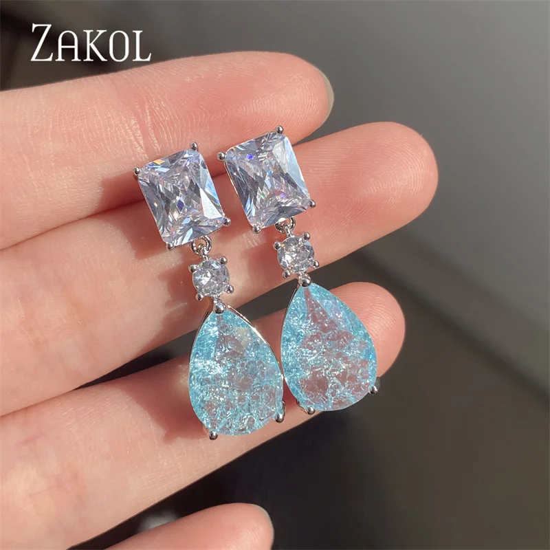 ZAKOL New Ice Crack Design Fashion Green Square Water Drop CZ Zircon Dangle Earrings dla kobiet Biżuteria ślubna i imprezowa