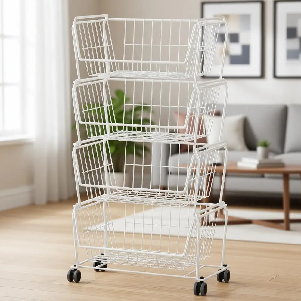 

Multi-Tiered Rolling Metal Storage Cart, Versatile Shelving for Kitchen and Living Spaces, White 4-Tier Stand