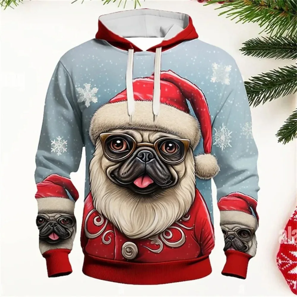 Christmas Hoodies For Men's 3d Animal Dog Print Long Sleeve Christmas Sweatshirt Autumn Winter Men Clothing Holiday Casual Tops