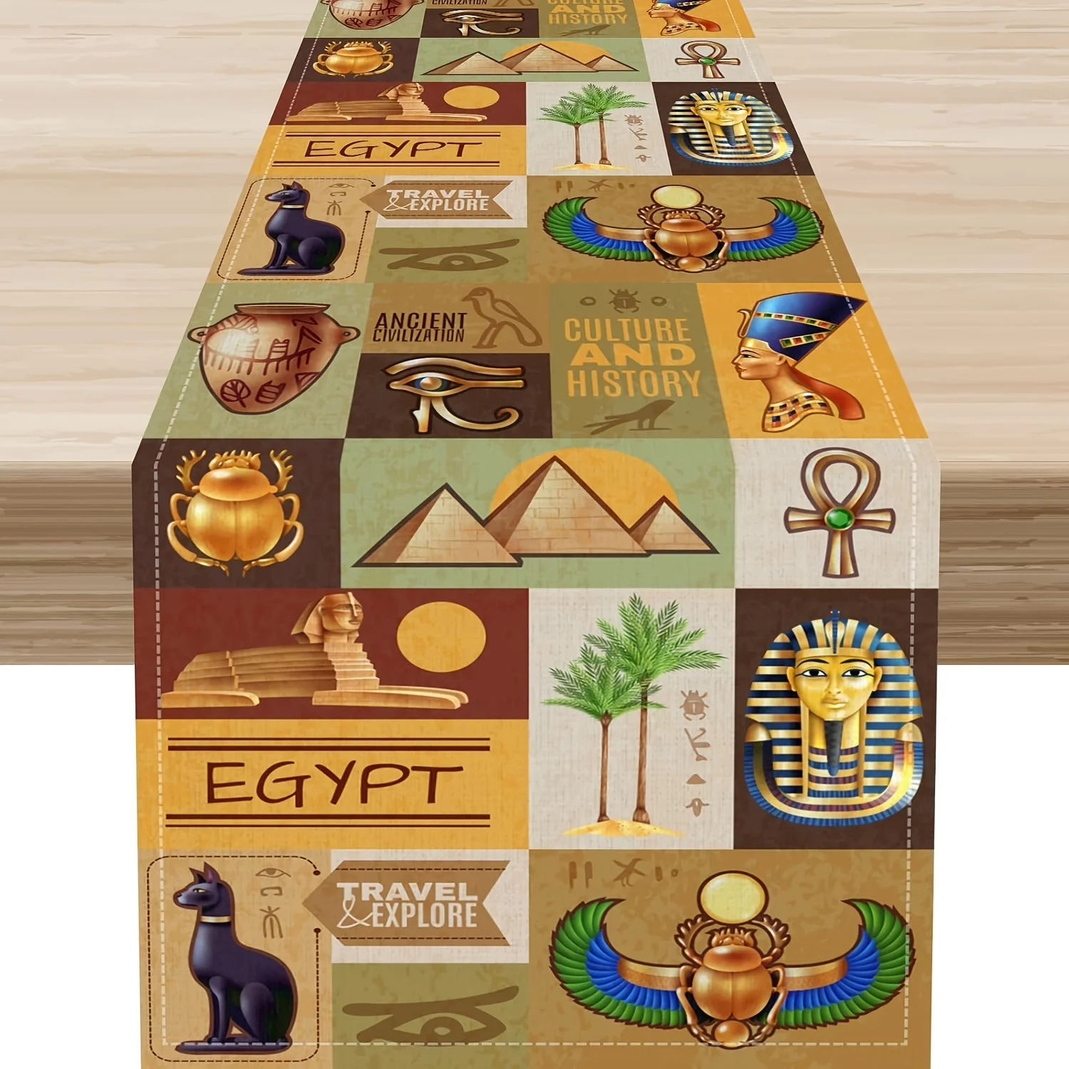 1 Piece of Ancient Egyptian Mythology-Themed Table Runner Featuring Pharaohs, Pyramids, and Cat Hieroglyphs, Suitable for Farmhouse Decor, Indoor Use, Kitchen, Celebrations, Table Decoration, Restaurant, and Banquet Decoration Supplies