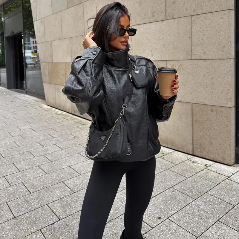 Talenza casual chique jaquetas de couro preto feminino manga longa botões elásticos casacos de grandes dimensões moda 2025 outono streetwear casacos