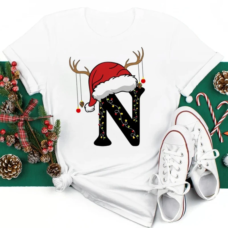 Custom Name Letter Combination Women T-shirt Cute Christmas Hat Font A B C D E F G Short Sleeve Tops Merry Christmas T-shirts