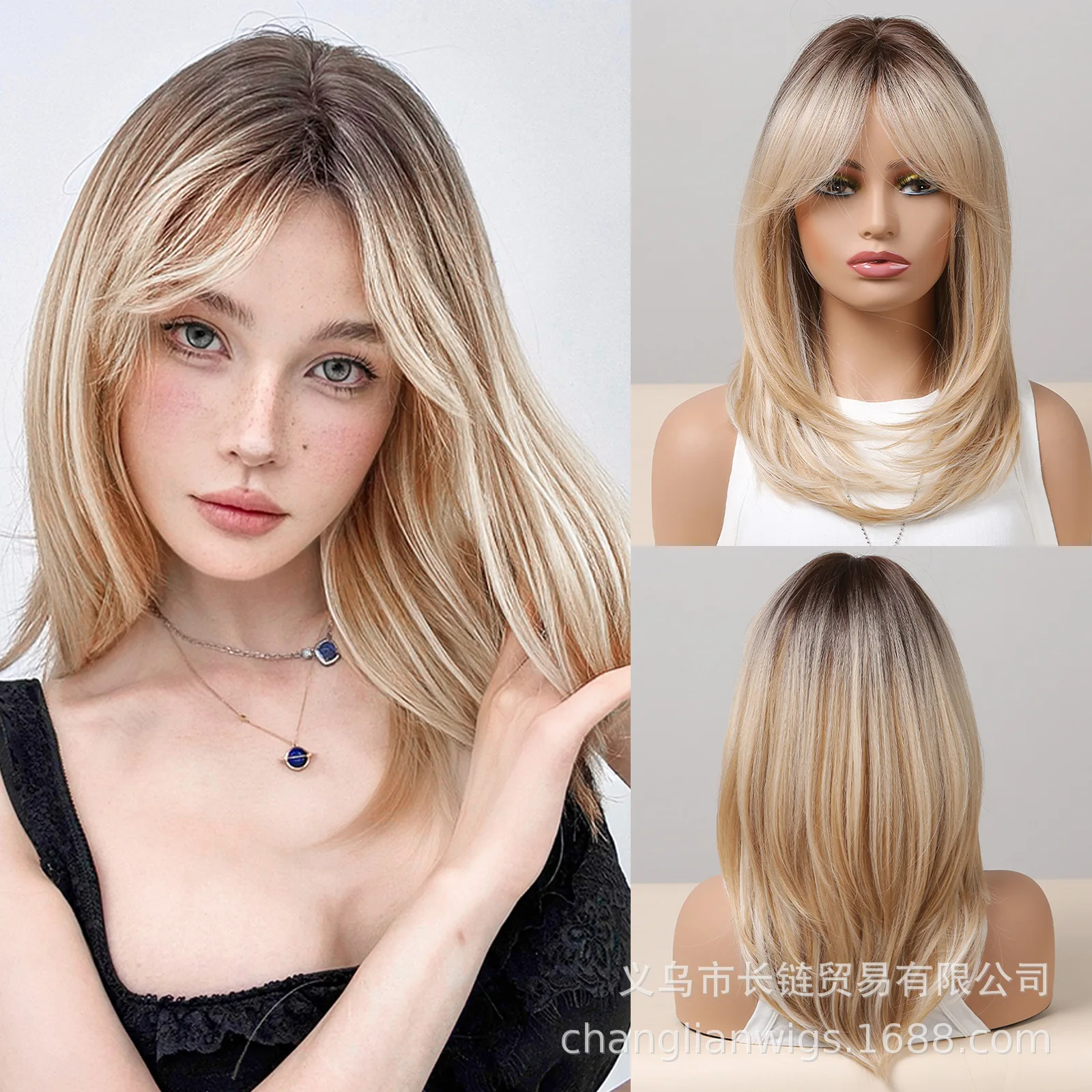 

European beautiful woman eight-character bangs wig gradual change short straight hair full head cover high quality natural layer