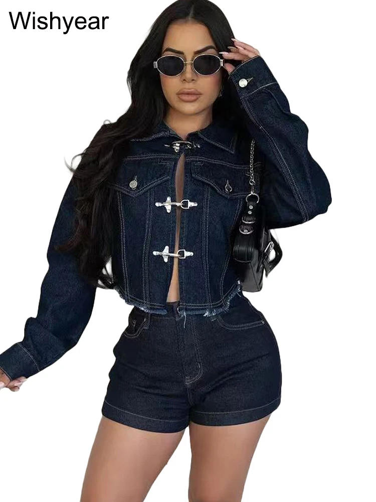 Autumn Winter Stretch Denim Two 2 pieces Pants Women Set Lapel Collar Jacket Tops And Shorts Female Jean Outfits Matching Suits