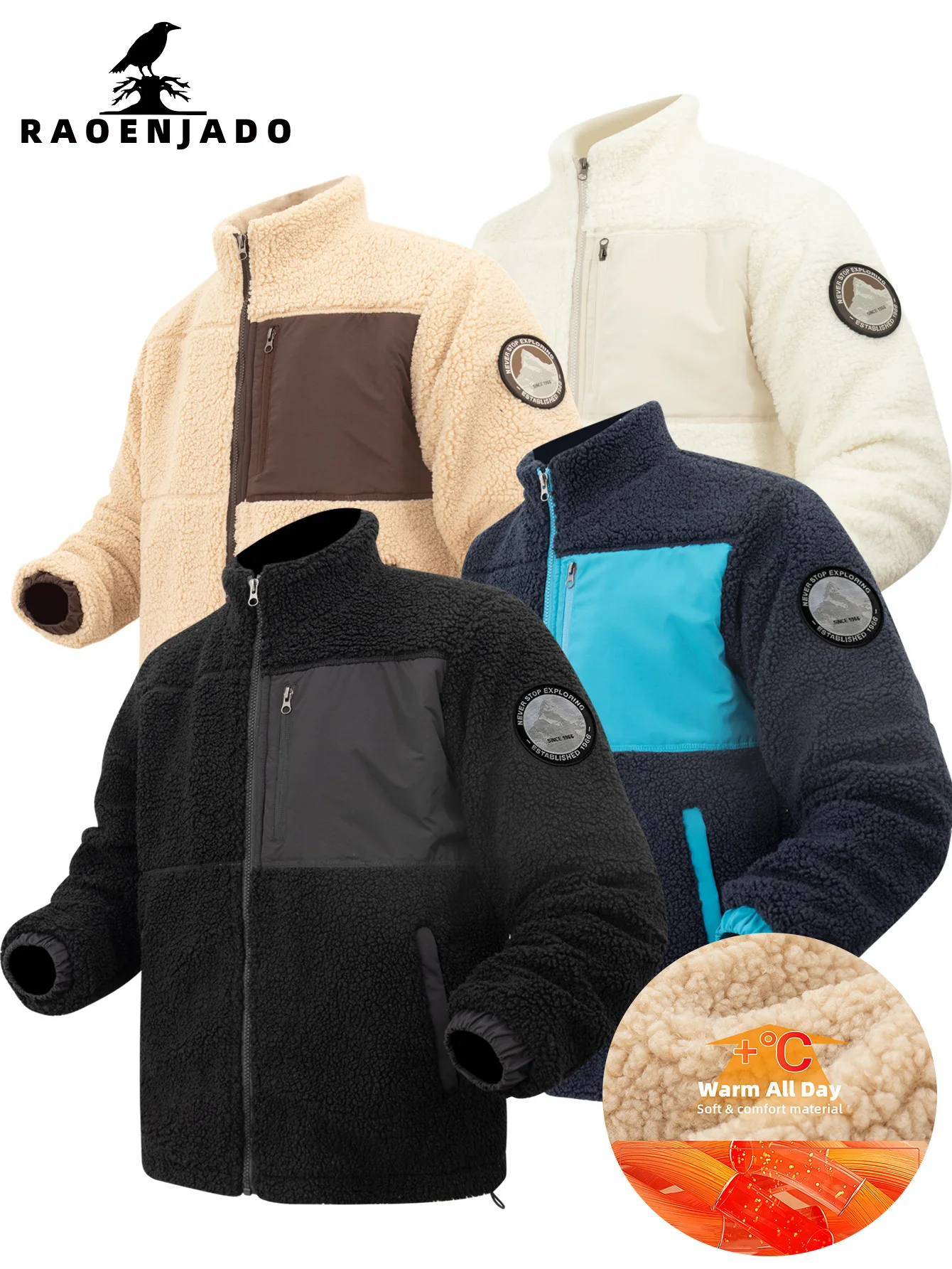 Męska kurtka futrzana, ocieplana, ciepła, jesienno-zimowa, z polaru, z miękkiego polaru, ocieplana bawełną, zapinana na zamek, ze stójką, odzież outdoorowa.